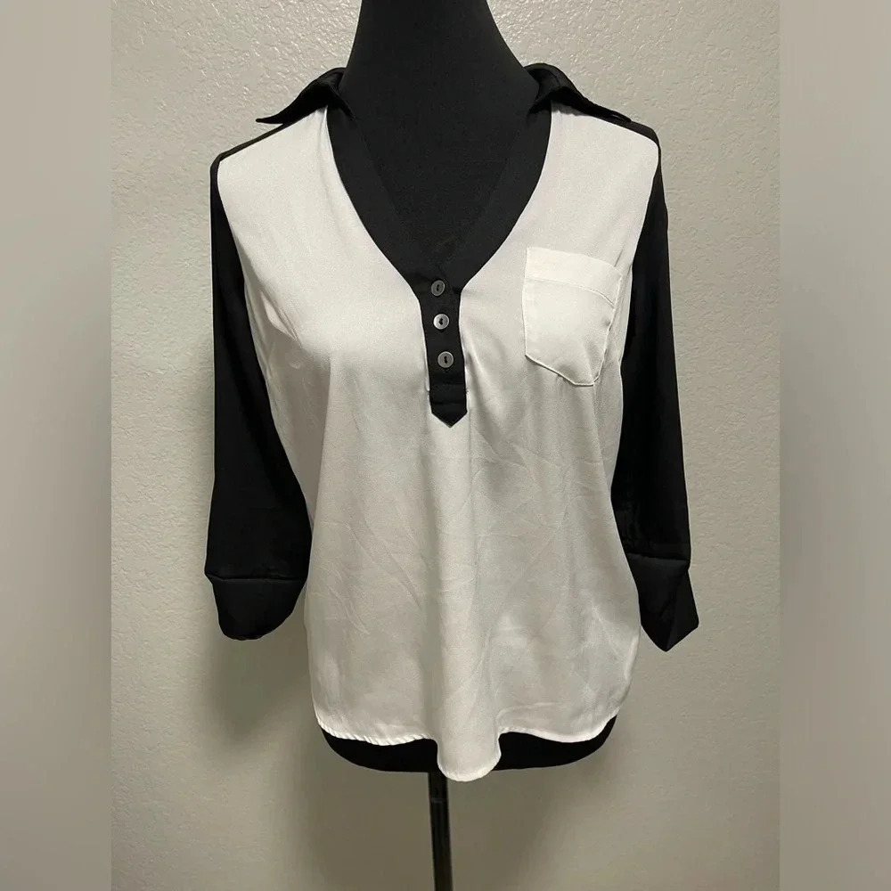 Vintage Y2K 90s 2b bebe color block collared blouse w roll tab sleeves XS